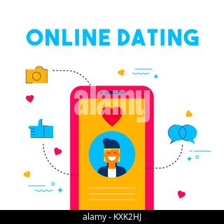 Online dating appartamento moderno concetto di arte illustrazione, social media data app sulla schermata Telefono con uomo avatar. Amore Internet e connessione web icone. EPS Illustrazione Vettoriale