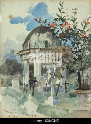Fotografia del 1891 che mostra il cimitero di August Lohr a Jalapa, Messico, con un tempio a colonna che riflette l'architettura funeraria messicana del XIX secolo e il design culturale. Foto Stock