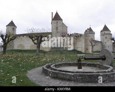 Blandy-les-Tours, situato nella regione dell'Île-de-France, è noto per il suo Château, un castello medievale che ha conservato gran parte della sua architettura originale. Il Château è un importante sito storico, che offre informazioni sull'architettura e la cultura della Francia medievale. Foto Stock