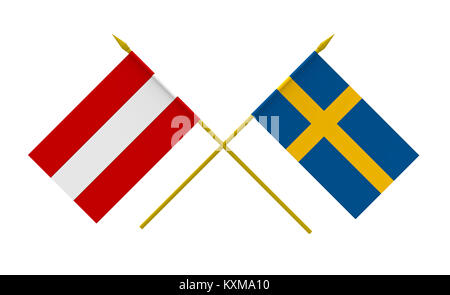 Bandiere di Austria e Svezia, 3d rendering, isolato su bianco Foto Stock