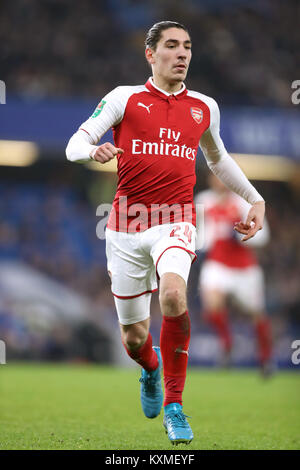 Dell'Arsenal Hector Bellerin durante la Coppa Carabao Semi Finale, la prima gamba corrispondono a Stamford Bridge, Londra. Stampa foto di associazione. Picture Data: mercoledì 10 gennaio, 2018. Vedere PA storia SOCCER Chelsea. Foto di credito dovrebbe leggere: Adam Davy/filo PA. Restrizioni: solo uso editoriale nessun uso non autorizzato di audio, video, dati, calendari, club/campionato loghi o 'live' servizi. Online in corrispondenza uso limitato a 75 immagini, nessun video emulazione. Nessun uso in scommesse, giochi o un singolo giocatore/club/league pubblicazioni. Foto Stock