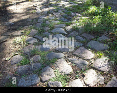 Fotografia della storica pavimentazione in ciottoli su Koloniestraße 57 nel quartiere Gesundbrunnen di Berlino, Germania, che mette in evidenza la superficie stradale e il patrimonio urbano. Foto Stock