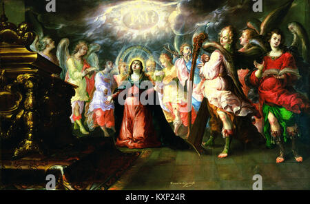 "El Dulce nombre de María" di Cristóbal de Villalpando è un dipinto barocco raffigurante la Vergine Maria, che riflette i valori religiosi e culturali del Messico del XVII secolo. Foto Stock