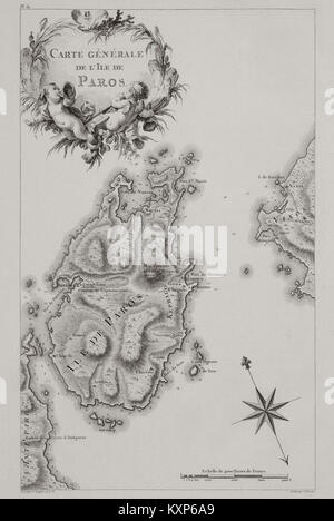 La mappa di Paros del 1782 di Gabriel Florent Auguste de Choiseul-Gouffier illustra la geografia, la topografia, gli insediamenti e le caratteristiche naturali dell'isola durante la fine del XVIII secolo. Foto Stock