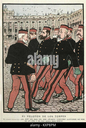 Fumetto politico intitolato "El pelotón de los torpes" di Joaquín Xaudaró, pubblicato sulla rivista satirica spagnola Gedeón il 21 ottobre 1904, raffigurante un gruppo di individui inetti. Foto Stock