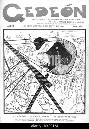 Un'illustrazione di Joaquín Xaudaró intitolata "El vértigo de las alturas o el eterno Isidro", raffigurante una scena umoristica o satirica legata alla paura delle altezze. L'opera rappresenta l'arte dei cartoni animati spagnola del primo XX secolo. Foto Stock