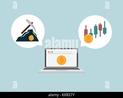 Illustrazione di cryptocurrency bitcoins mineraria di gestione e negoziazione con il laptop sfondo vettoriale Illustrazione Vettoriale