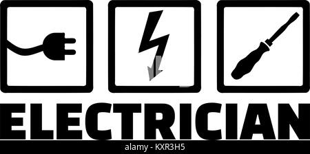 Elettricista con icone plug, bullone e cacciavite Illustrazione Vettoriale