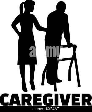 Silhouette di un caregiver femmina con un uomo anziano e titolo di lavoro Illustrazione Vettoriale