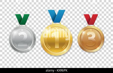 Champion Award medaglie per sport vincitore premio. Set di realistiche in 3d oro, argento e bronzo award trophy medaglie con nastri. Illustrazione di vettore isolato Illustrazione Vettoriale