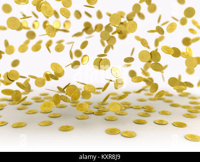 La caduta delle monete in oro su sfondo bianco 3D render Foto Stock