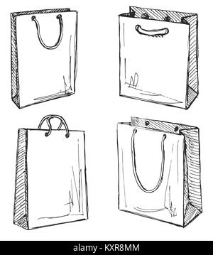 Set di borse per lo shopping isolati su sfondo bianco. Illustrazione vettoriale di un disegno stile. Illustrazione Vettoriale