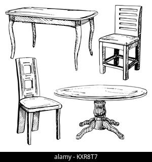 Schizzo set mobili isolati. Diverse sedie da ufficio e scrivania. Linear mobili di colore nero su uno sfondo bianco. Illustrazione Vettoriale. Illustrazione Vettoriale