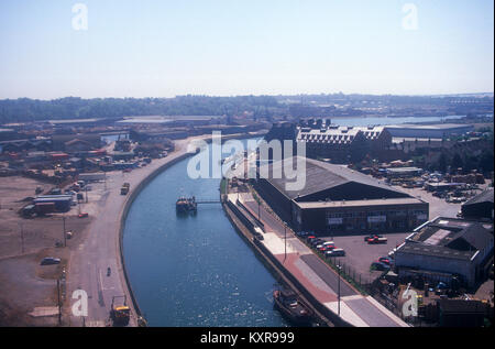 Il cambiamento di uso del suolo disindustrializzazione nella darsena del Port Harbour area, Ipswich, Suffolk, Inghilterra, Regno Unito degli anni novanta fiume Gipping nuovo canale di taglio Foto Stock