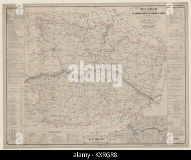Mappa stradale, statistica e amministrativa del dipartimento del Maine-et-Loire in Francia, pubblicata nel 1858, che mostra dettagliatamente le rotte di trasporto e le divisioni regionali. Foto Stock