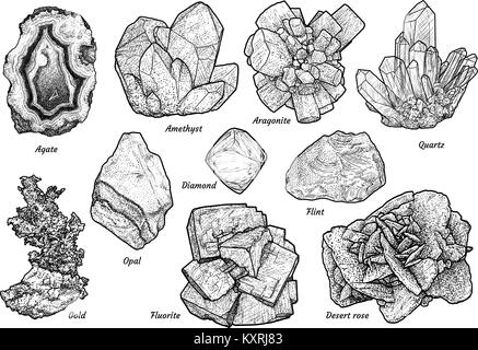 Collezione di minerali illustrazione, disegno, incisione, inchiostro, line art, vettore Illustrazione Vettoriale