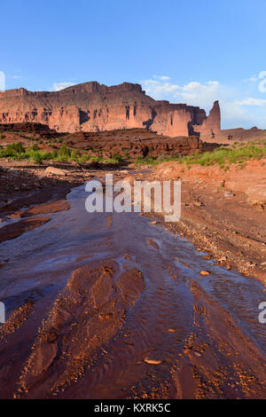 Tramonto al Fisher Towers - verticale - UNA PRIMAVERA tramonto a Onion Creek, vicino le torri di Fisher. Il fiume Colorado Scenic Byway, Moab, Utah, Stati Uniti d'America. Foto Stock