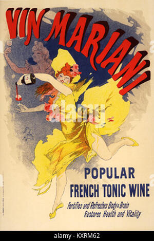 Poster di Jules Chéret che pubblicizza "Vin Mariani", un popolare vino tonico francese del XIX secolo. La litografia è notevole per la sua composizione colorata e l'influenza di Chéret sul design pubblicitario moderno. Foto Stock