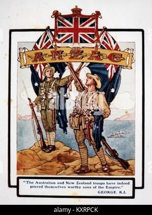 Un'illustrazione colorata che mostra le truppe Anzac a Gallipoli dopo il combattimento nella prima guerra mondiale, raffigurante soldati, uniformi, condizioni del campo di battaglia e contesto storico. Foto Stock