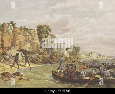 Raffigurazione dello sbarco del capitano James Cook a Botany Bay nel 1770, che segna il primo arrivo europeo registrato sulla costa orientale dell'Australia durante il suo viaggio sulla HMS Endeavour. Foto Stock