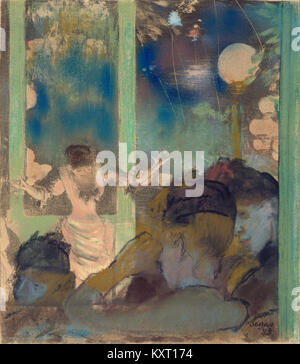 Dipinto di Edgar Degas intitolato "Mademoiselle Bécat al Café des Ambassadeurs", raffigurante una scena di caffè a Parigi. Il lavoro cattura l'atmosfera della vita notturna parigina e l'esibizione espressiva di un cantante sul palco. Foto Stock