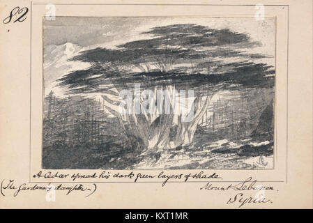 Un'illustrazione di Edward Lear per la poesia di Alfred Tennyson la figlia del giardiniere, raffigurante il Monte Libano, Siria, con dettagli caratteristici e immagini naturali. Foto Stock
