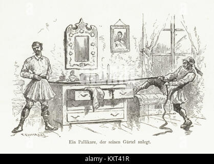 Un'illustrazione del 1887 di Amand Freiherr von Schweiger-Lerchenfeld raffigurante un Palikar greco, o guerriero, che allacciava la cintura. L'immagine rappresenta rappresentazioni europee del XIX secolo di soldati e abiti tradizionali greci. Foto Stock