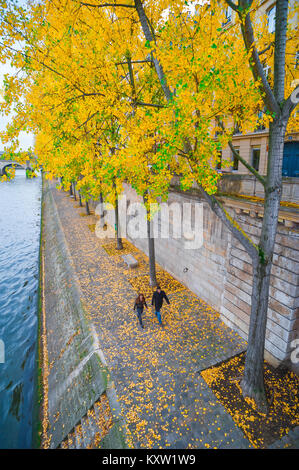 Autunno a Parigi, una giovane coppia a fare una passeggiata lungo un terrapieno sul Quai de Bourbon nel centro di Parigi, Francia. Foto Stock