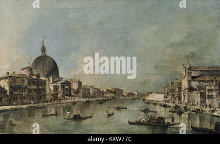 Il dipinto di Francesco guardi sul Canal grande di Venezia presenta San Simeone piccolo e Santa Lucia, catturando l'architettura veneziana del XVIII secolo e la vita quotidiana. Foto Stock