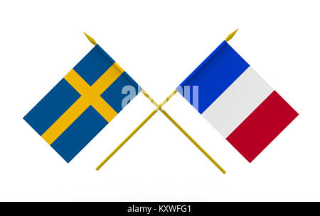 Bandiere di Svezia e Francia, 3d rendering, isolato su bianco Foto Stock