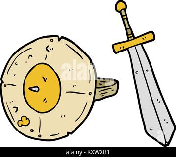 Cartoon vecchio gladiatore scudo e spada Illustrazione Vettoriale
