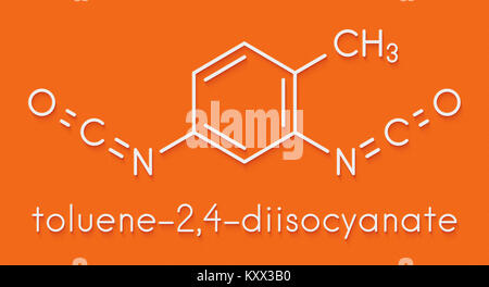Toluene diisocianato (TDI, 2,4-TDI) poliuretano building block molecola. Può essere una sostanza cancerogena. Formula di scheletro. Foto Stock