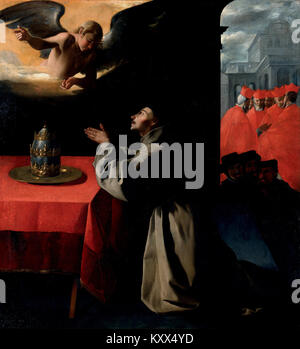 Dipingere la preghiera di San Bonaventura sulla selezione del nuovo Papa di Francisco de Zurbarán raffigura un solenne momento religioso nella tradizione barocca spagnola. Foto Stock
