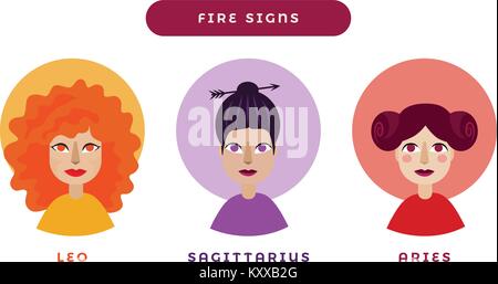 Caratteri femminili astrologia segni icone vettoriali segni di fuoco impostato Illustrazione Vettoriale