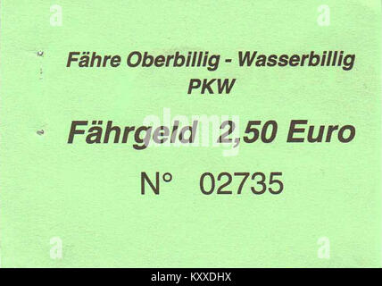 Il biglietto del traghetto per veicoli Oberbillig-Wasserbillig PKW 2012 mostra il passaggio di un'auto attraverso il fiume Mosella tra Oberbillig in Germania e Wasserbillig in Lussemburgo, documentando le infrastrutture di trasporto transfrontaliere nel 2012. Foto Stock