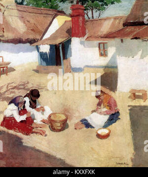 Dipinto dell'artista ungherese Adolf Fényes del 1904 intitolato "Babfejtők" (Bean-Shellers), olio su tela (86 x 79 cm) nella Galleria Nazionale ungherese, raffigurante tre figure in un cortile soleggiato che conchiglia fagioli in un ambiente rurale. Foto Stock