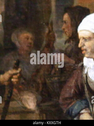 Il dettaglio tratto dal dipinto di Gabriel Metsu "le Marché aux Herbes" (c.1660-61) raffigura acquirenti e venditori che negoziano per una lepre in un mercato all'aperto di verdure e selvaggina ad Amsterdam, reso in olio su tela. Foto Stock