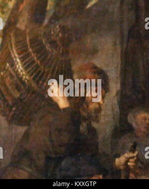 Un dettaglio tratto dal dipinto di Gabriel Metsu «le marché aux herbes», che mostra un venditore di pollame in una scena di mercato. Le opere d'arte olandesi del XVII secolo raffigurano la vita quotidiana e il commercio con dettagli raffinati e realismo. Foto Stock