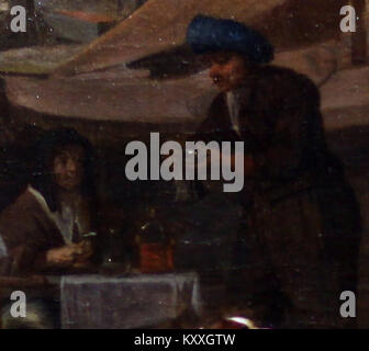 Un dettaglio tratto da «le marché aux herbes» di Gabriel Metsu raffigurante una donna e un uomo in un turbante, che mostra lo stile pittorico di genere Metsu e la sua attenzione alla vita quotidiana nei Paesi Bassi del XVII secolo. Foto Stock