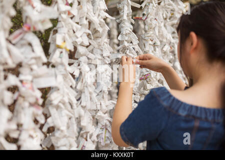 Giovane donna indossa vestito blu omikuji legatura fortune raccontando la carta presso lo Shintoismo Sakurai Santuario, Fukuoka, Giappone. Foto Stock