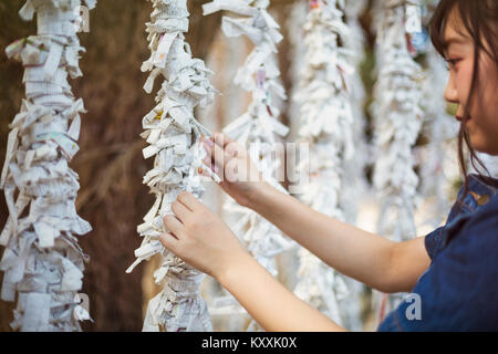 Giovane donna indossa vestito blu omikuji legatura fortune raccontando la carta presso lo Shintoismo Sakurai Santuario, Fukuoka, Giappone. Foto Stock