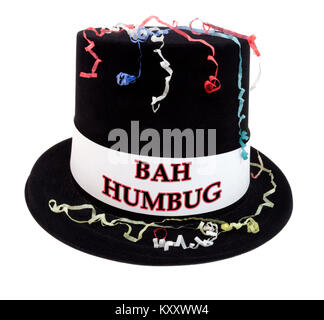 BAH HUMBUG celebrazione in costume top hat con i confetti streamers. Isolato. Foto Stock