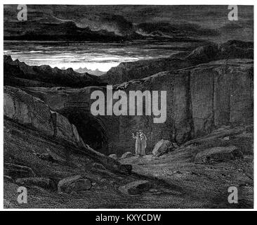 L'illustrazione di Gustave Doré per l'Inferno di Dante Alighieri raffigura canto III, dove l'iscrizione "abbandonate ogni speranza, voi che entrate qui" è mostrata alle porte dell'Inferno, una rappresentazione classica dell'opera epica di Dante. Foto Stock
