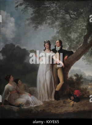 Opere d'arte di Gérard e Fragonard raffiguranti quattro figure in un parco, che mostrano lo stile pittorico francese del XVIII secolo caratterizzato da una composizione elegante e da dettagli raffinati. Foto Stock