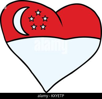 Singapore cuore isolato di bandiera su sfondo bianco. Fumetto cartoon pop art illustrazione rétro Illustrazione Vettoriale