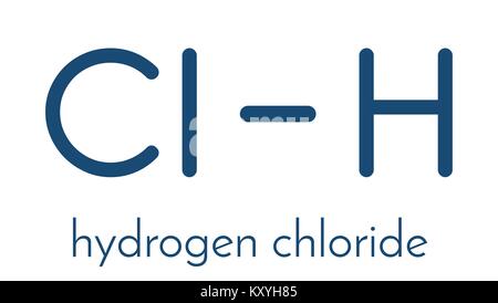 Cloruro di idrogeno (HCl) molecola, struttura chimica. Altamente corrosivo acido minerale; componente acido del succo gastrico (acido dello stomaco). Formula di scheletro. Illustrazione Vettoriale