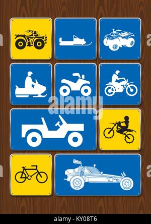 Set di icone di attività all'aperto: ciclismo, motocross, veicolo 4x4, snowmobile, sabbia veicolo. Icone di colore blu su sfondo di legno. Immagine vettoriale Illustrazione Vettoriale