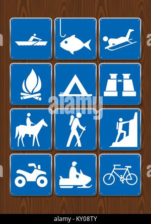 Set di icone di attività all'aperto: canottaggio, pesca, falò, camping, binocolo, equitazione, trekking, arrampicata, motociclismo, ciclismo. Illustrazione Vettoriale