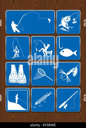 Set di icone di attività all'aperto: pesca, pescatore, pesce, canna da pesca, fishhook, net, giubbotto. Icone di colore blu su sfondo di legno Illustrazione Vettoriale