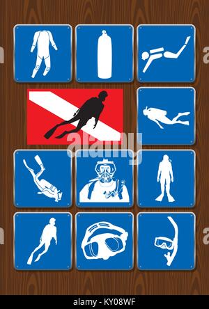 Set di icone di attività all'aperto: subacqueo, diving, maschera subacquea, snorkeling, serbatoio, muta, diving bandiera. Icone di colore blu su sfondo di legno. Illustrazione Vettoriale